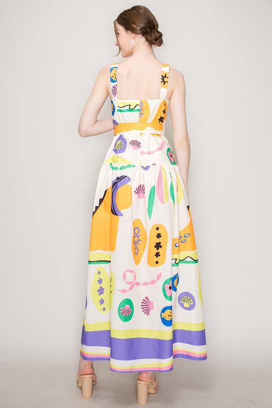 Multicolor Print Maxi Dress with Waist Tie