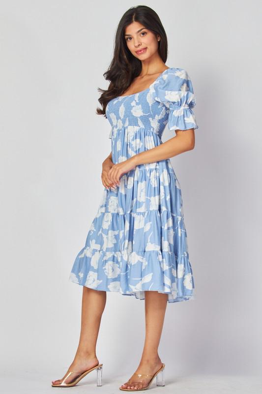 Blue and White Print Midi Dress