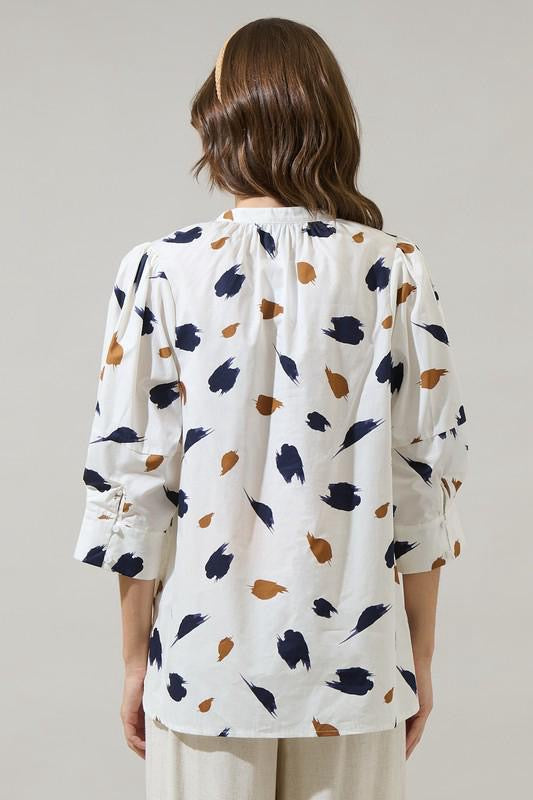 Ivory with abstract print navy & camel top