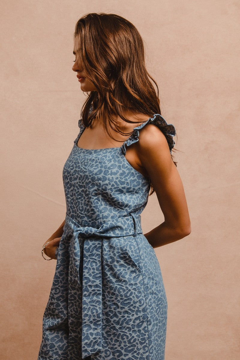 Denim Leopard Prints Scallops Edge Strap Overall