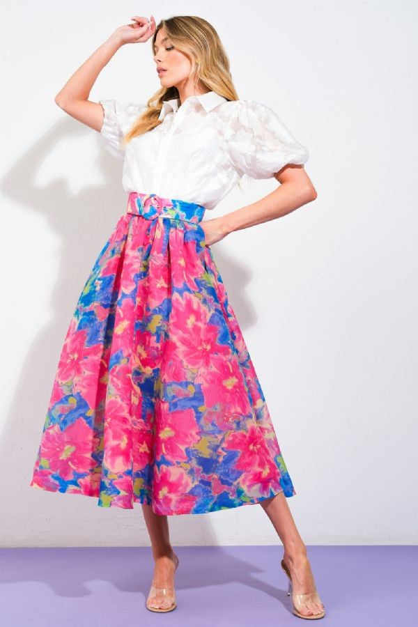 Floral Pink-blue belted skirt