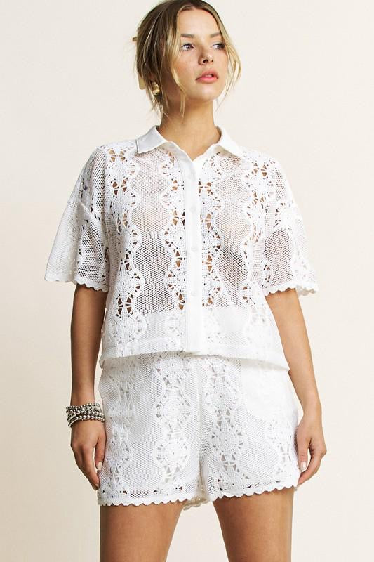 CROCHET LACE BUTTONDOWN SHIRT AND SHORTS SET (Preorder)