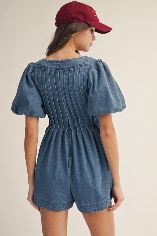 Washed Puff Sleeve Vintage Denim Romper (Pre order)