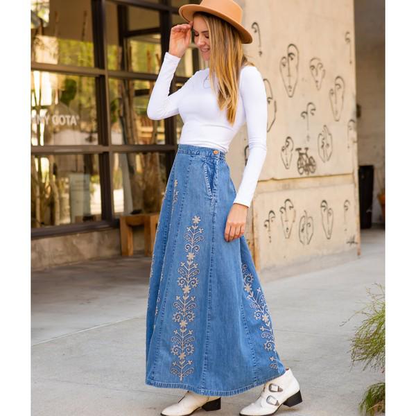 Floral Embroidered Denim Skirt