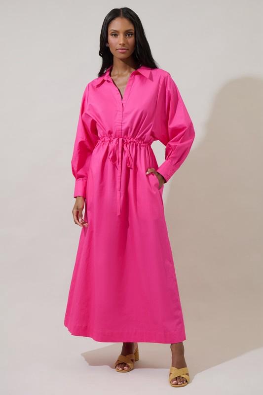 Fuchsia Maxi Shirt Dress with Adjustable Waist