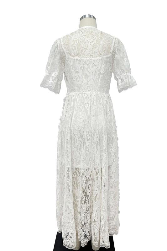 Victorian White V Neck Lace Maxi Dress