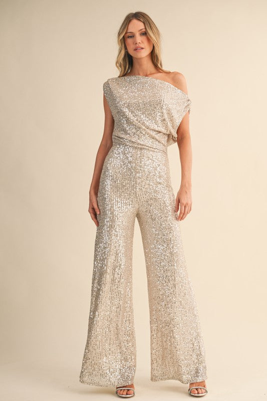 Off Shoulder Sequins Ruched Wide Leg Jumpsuit(Pre order)