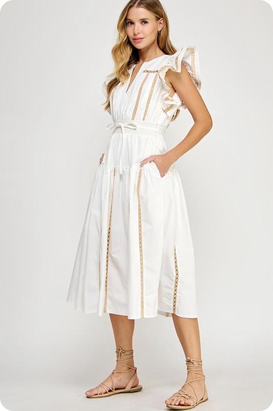 White Golden Lace Ruffle Dress (Preorder)