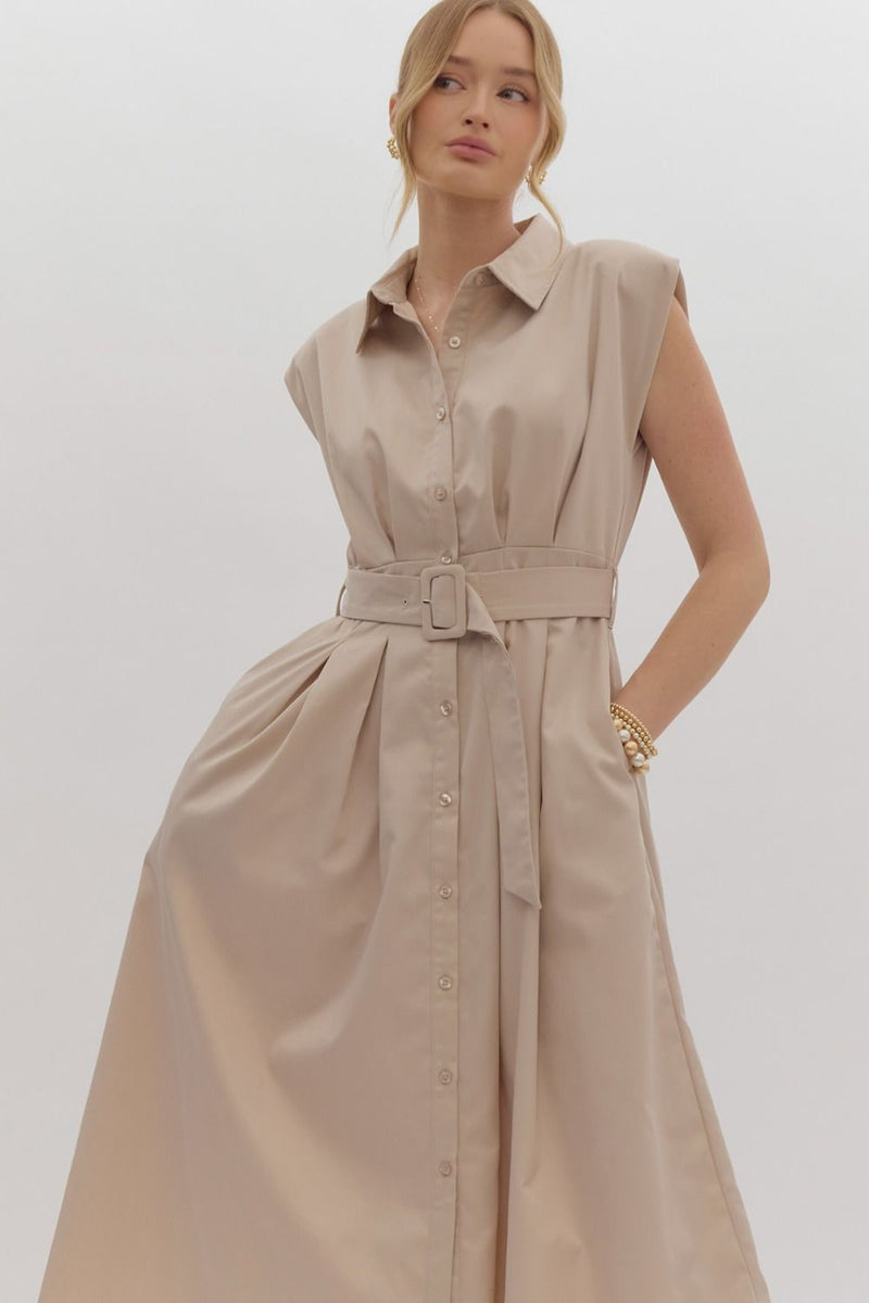 Taupe button down dress with belt