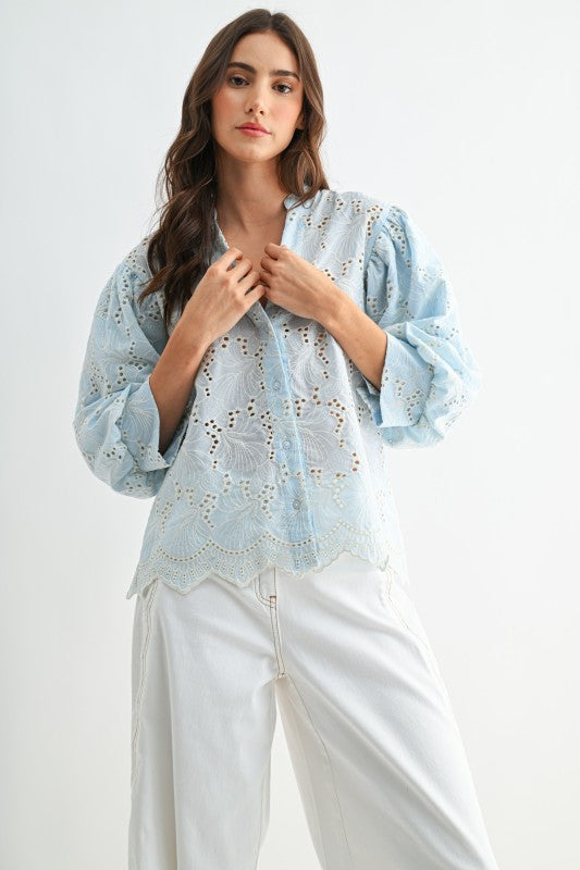 Embroidered Cotton Eyelet Blouse Puff Sleeves(Pre order) (02/13/26)