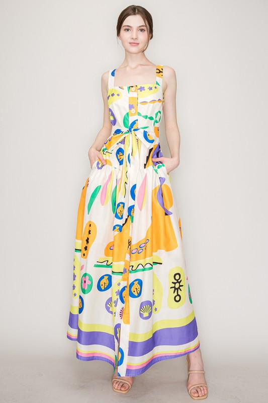 Multicolor Print Maxi Dress with Waist Tie