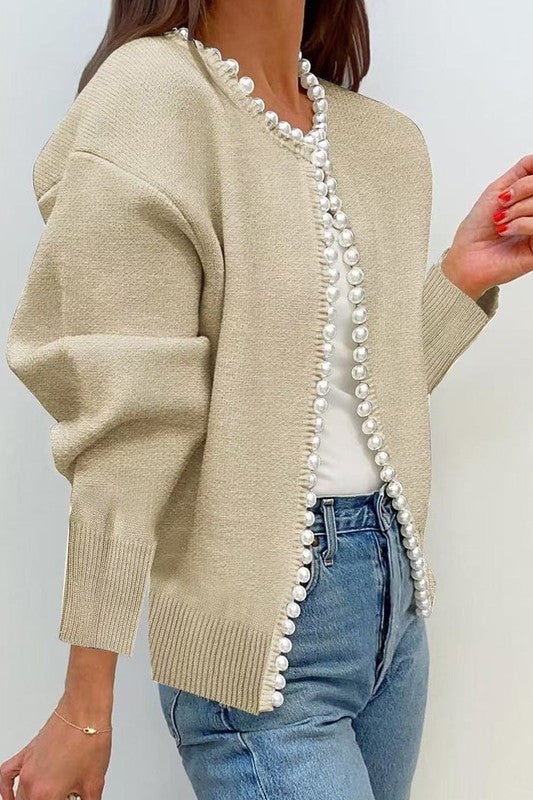 Taupe Sweater Pearl Trim