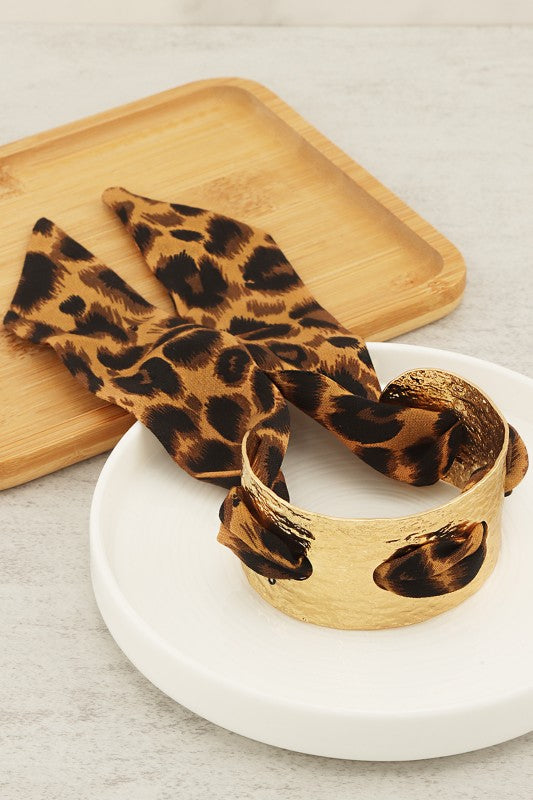Gold-tone Cuff Bracelet With Leopard Fabric Tie