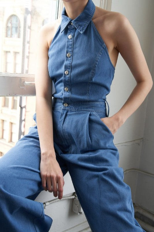 Halter shirt denim wide leg jumpsuit