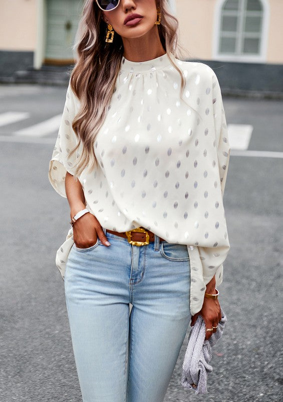 Mock neck 3/4 sleeves white dots top