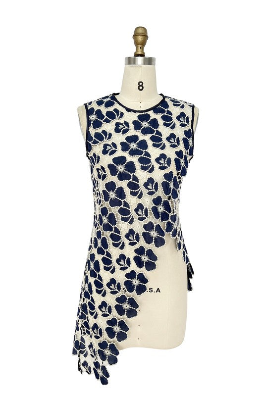 Floral Crochet Navy Asymmetry Tunic