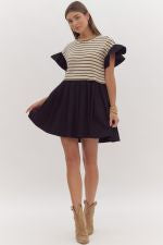 Stripes sweater black denim skirt dress