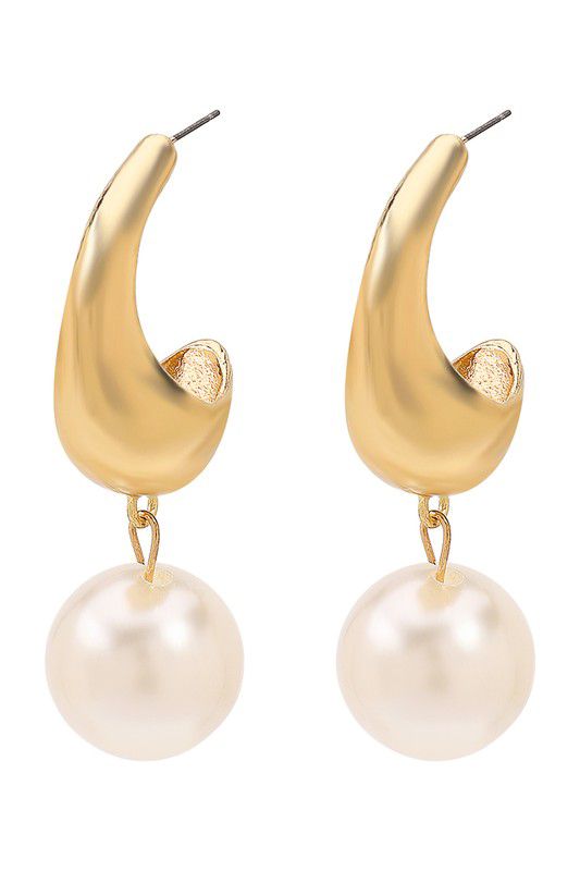 Gold Chunky Metal Pearl Dangle Earrings