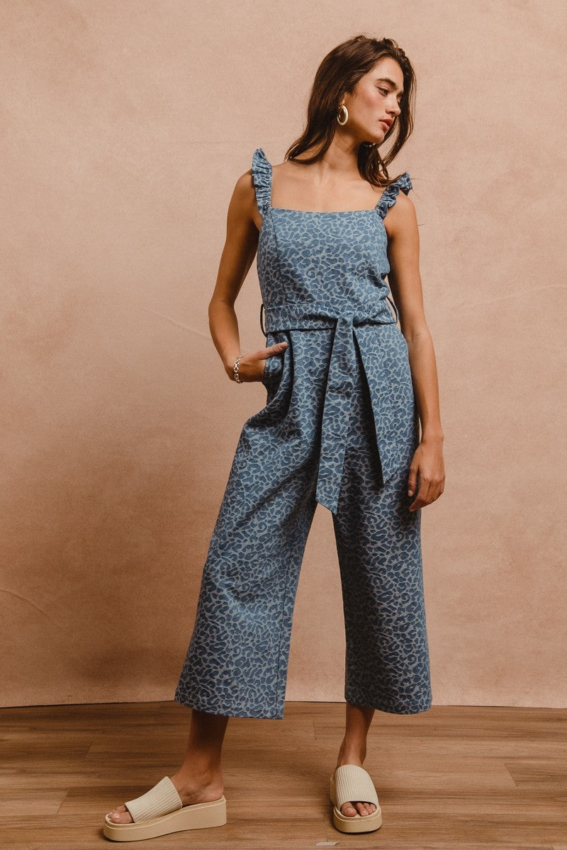 Denim Leopard Prints Scallops Edge Strap Overall