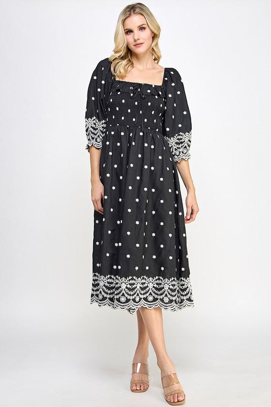 Black and White Embroidered Trim Midi Dress