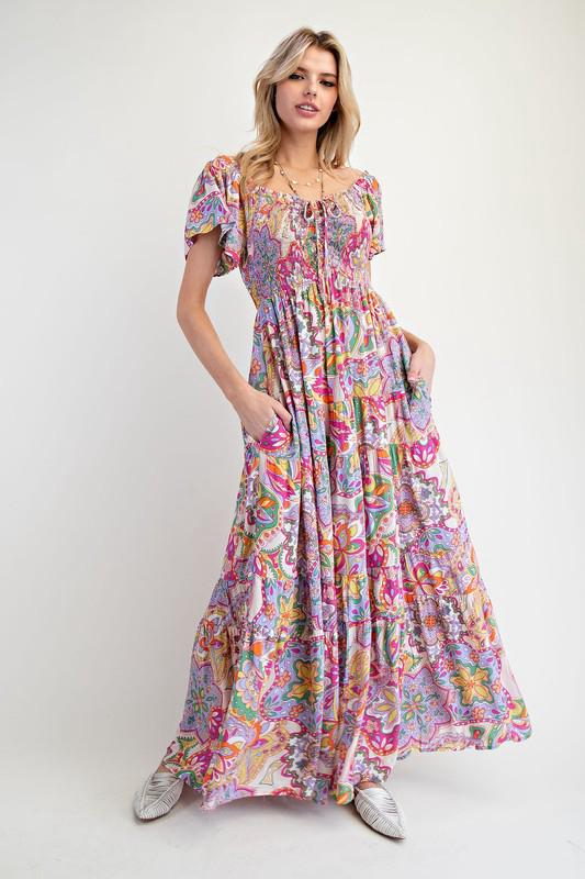 Printed rayon maxi tiered dress