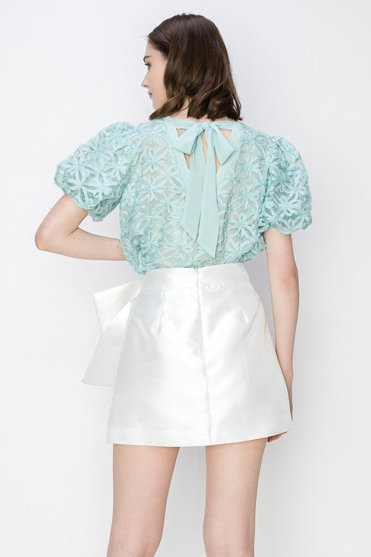 Sage Cutwork Floral Lace Puff Short Sleeves Top