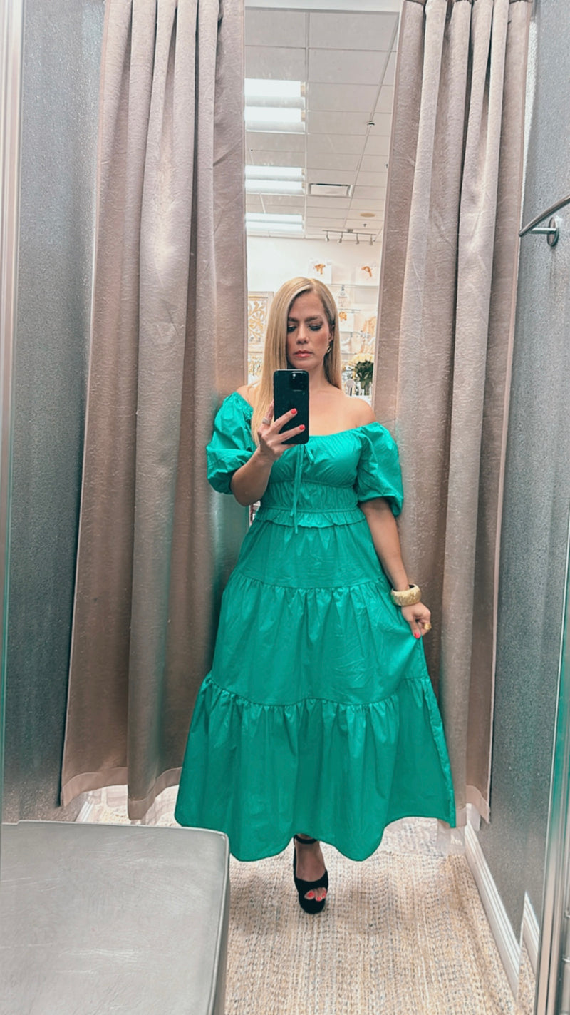 Off shoulder jade green midi dress