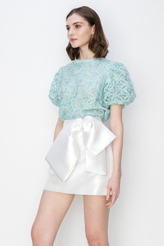 Sage Cutwork Floral Lace Puff Short Sleeves Top