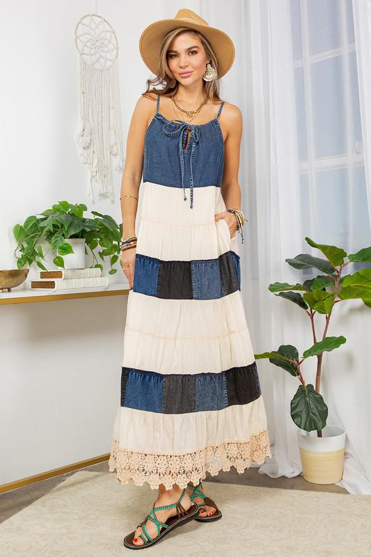 Patchwork Denim Gray Maxi Dress