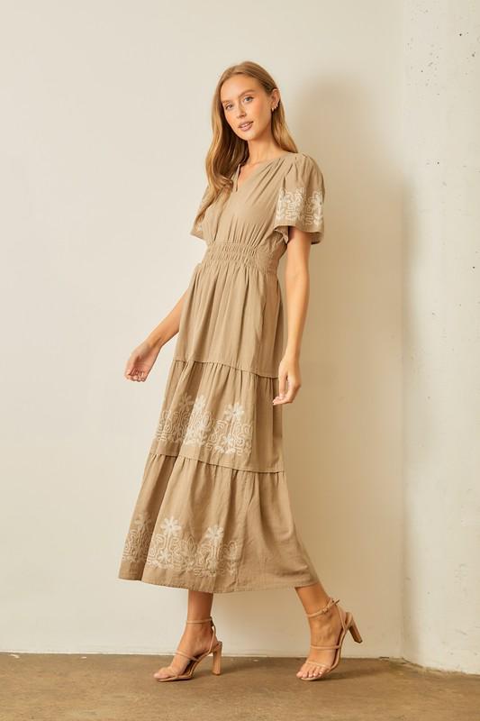 Taupe Embroidered Boho Maxi Dress