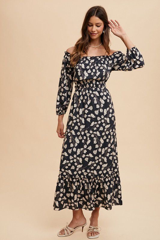 FLOWER PRINTED OFF THE SHOULDER MAXI DRESS