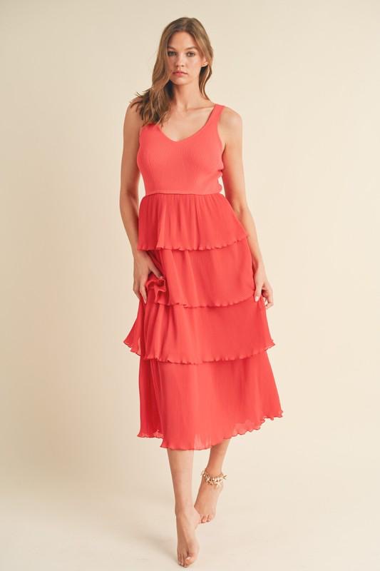 Pleated Layered Orange Red Midi Dress