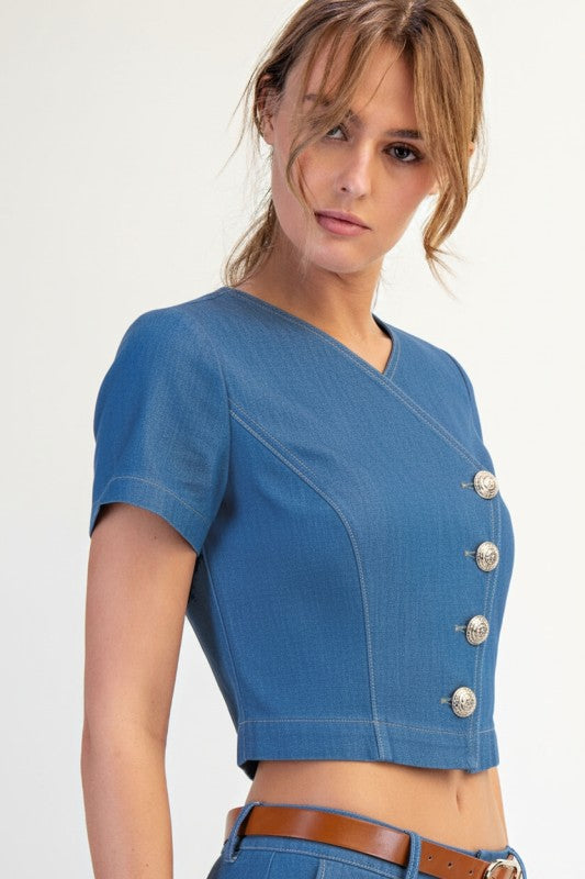 Belted Woven Culotte Short Sleeve Asymmetric Front Button Open Set (Pre order)