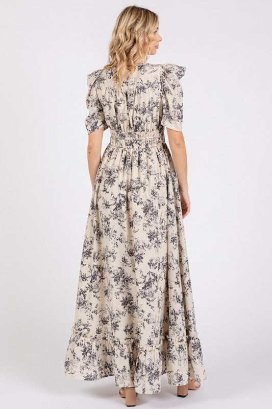 V Neck Ivory Print Maxi Dress