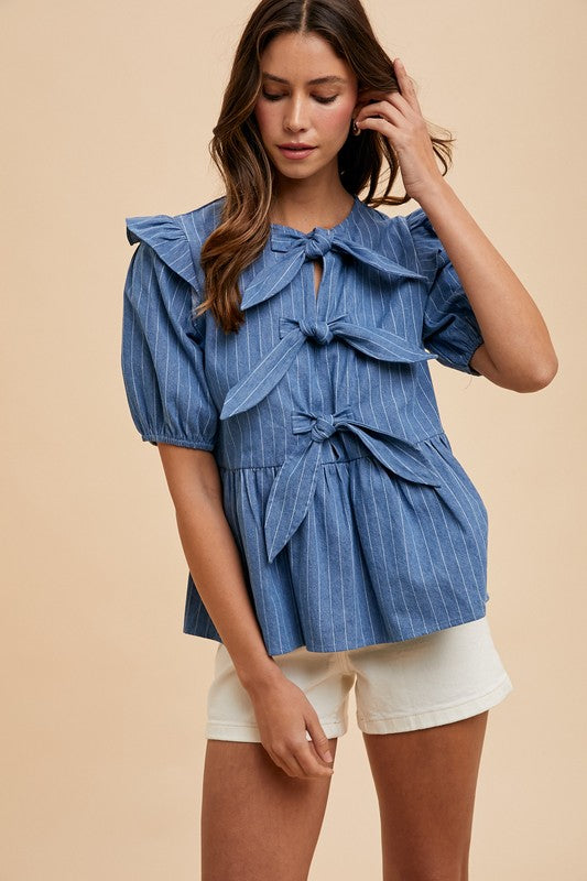 Stripe Front Bow Denim Peplum Blouse(Pre order)