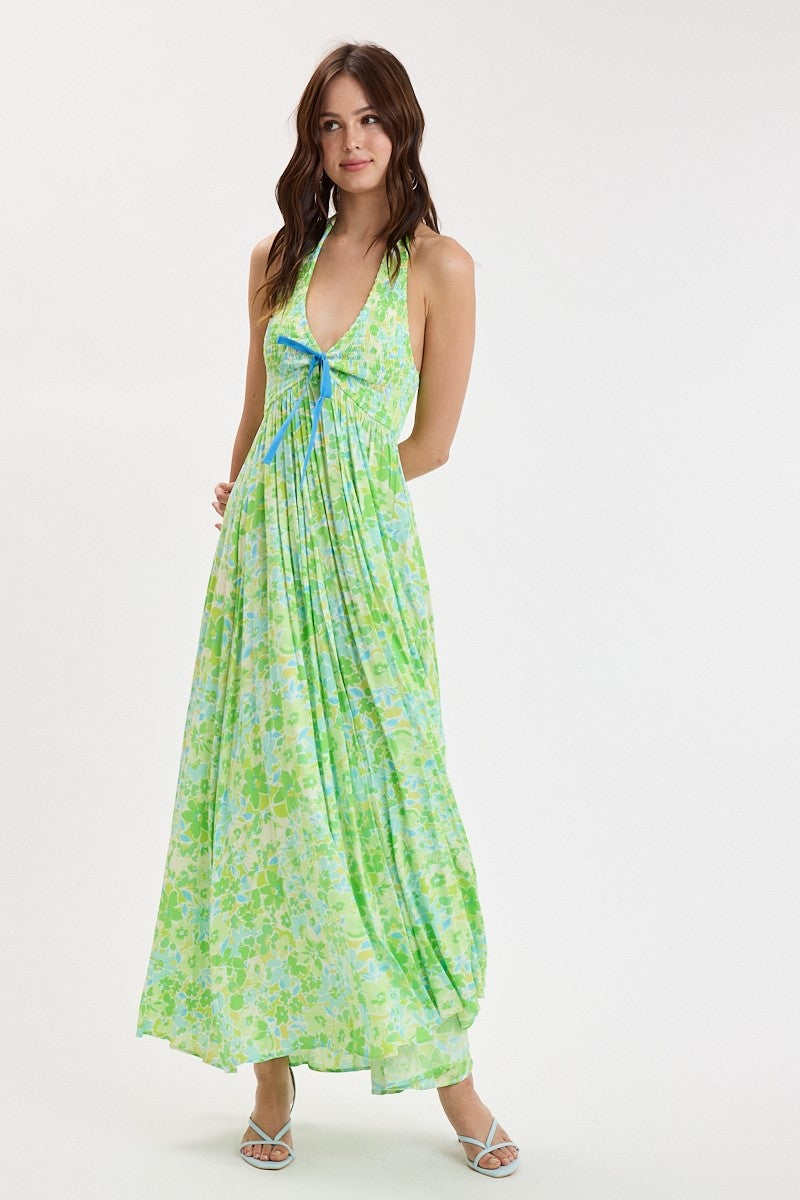 Green Floral Halter Neck Frint Tie Maxi Dress(Pre order) Large Green Floral Halter Neck Frint Tie Maxi Dress(Pre order) Large