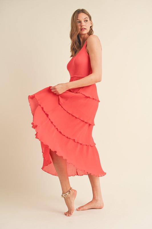 Pleated Layered Orange Red Midi Dress