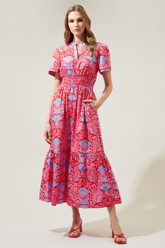 Red, Pink & Blue Print Midi Dress