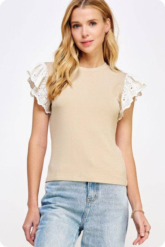 Taupe embroidery sleeves knit top