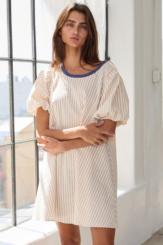 Stripe Print Puff Sleeve Versatile Pullover Dress