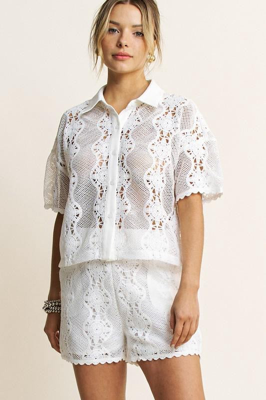 CROCHET LACE BUTTONDOWN SHIRT AND SHORTS SET (Preorder)