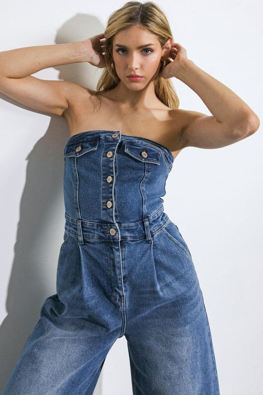 Strapless denim wide leg jumpsuit