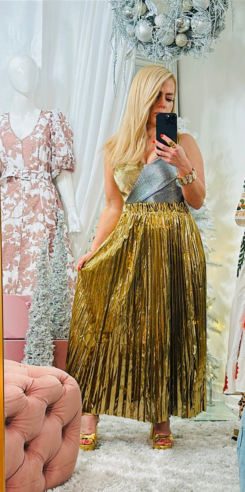 Metallic pleated maxi skirt set