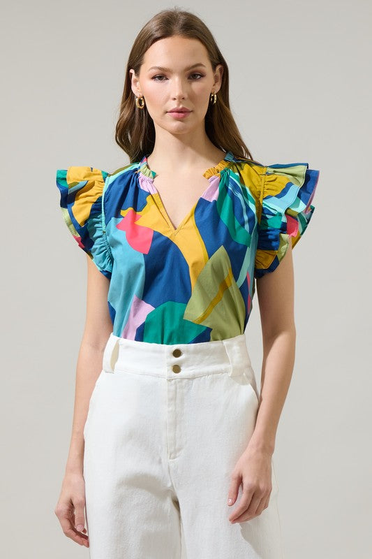 Abstract navy-yellow multicolor top