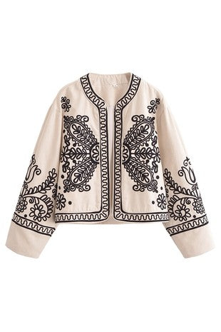 Embroidered details ivory black jacket