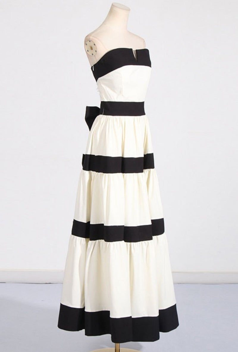 White & Black Strapless Maxi Dress