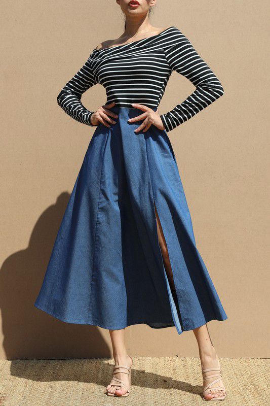 Striped Off-Shoulder Denim Maxi Dress