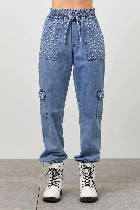 Denim Jogger Pants With Pearl Stud Detail