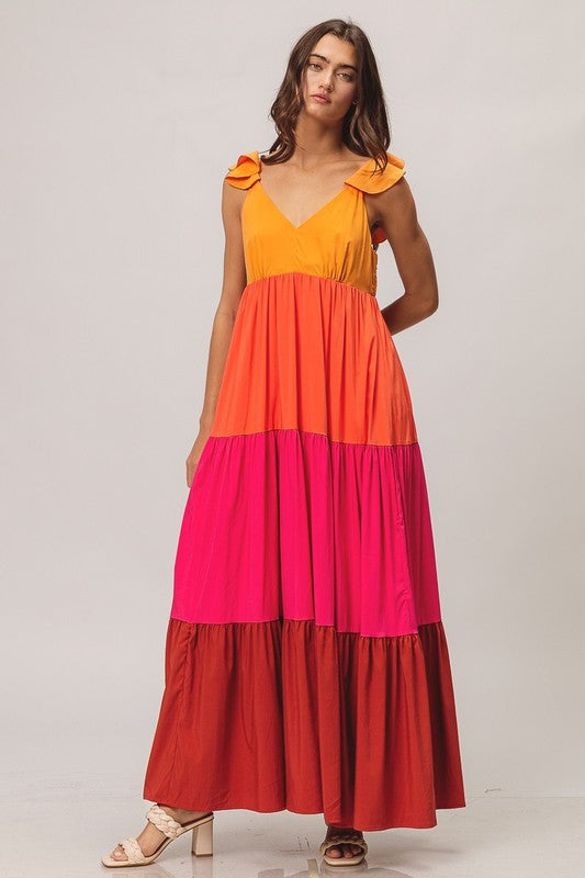 Color Block Apricot Maxi Dress