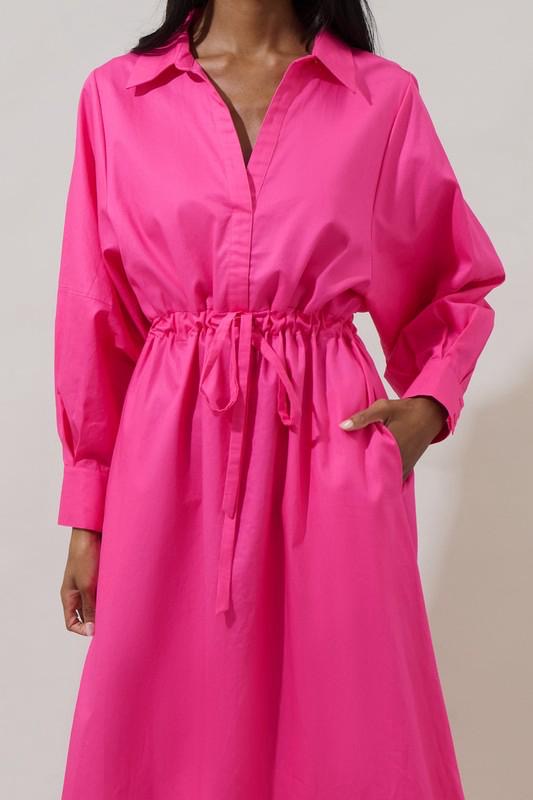 Fuchsia Maxi Shirt Dress with Adjustable Waist